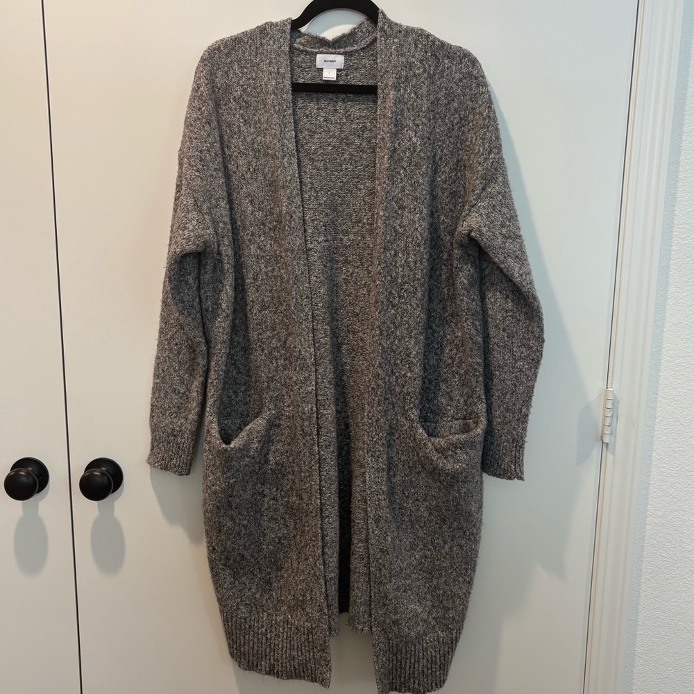 Old Navy Heathered Gray Cotton-Blend Open-Front Longline Cardigan Large